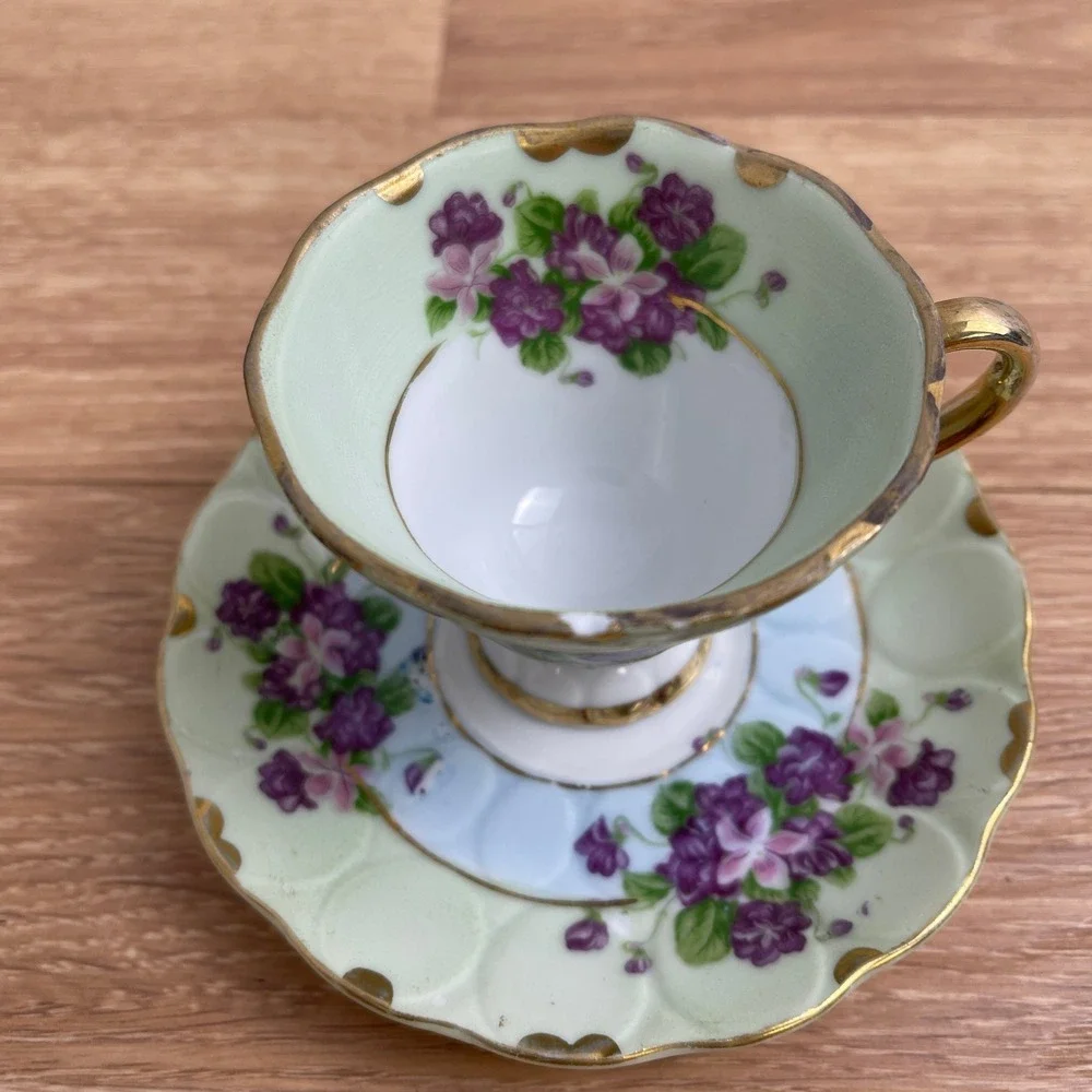 Lefton China 124 Hand Painted Violets Teacup and Saucer Set Gold Trim Mint Green